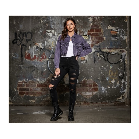 Signature Jackets & Blazers - SIGNATURE Acid wash purple & black distressed Jean jacket S M L